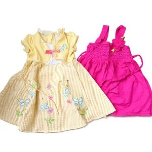 Youngland Girls Bundle Size 4T Butterfly Embroidered Yellow Pink Dresses Cotton